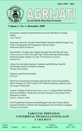 Sinergisme Campuran Herbisida Klomazon dan Metribuzin terhadap Gulma  Uum Umiyati  Penurunan Intensitas Penyakit Pustul Bakteri Kedelai Melalui Strategi Cara Tanam Tumpangsari dan Penggunaan Agensia Hayati  Suskandini Ratih Dirmawati  Pertumbuhan, Produks